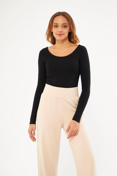 Chandraswear Siyah Kadın Basic Açık Yaka Uzun Kollu Bluz - Soma