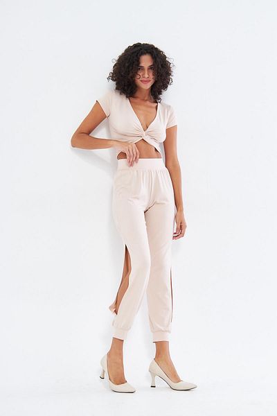 Chandraswear Beige Women's Blouse - Short Sleeve, Twist Detail, Twist
