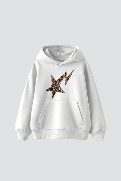 Sekizbiraltı Unisex Premium White Hoodie - Leopard Falling Star Printed, Oversize