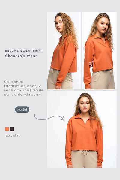 Chandraswear Orange Women's Collar Detailed Crop Cut Sweatshirt - More