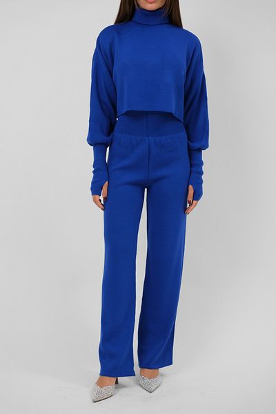 4S1B FASHION Saks Blue Turtleneck Crop Sweater and High Waist Pants Set - 015
