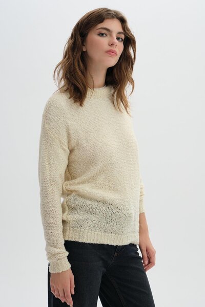 SHERIN Bej Düşük Omuzlu Buklet Triko Kazak