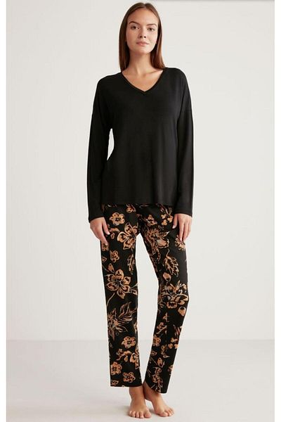 ALIN Homewear Forehead A330 Black Floral Floral Print Lycra Pajama Suit