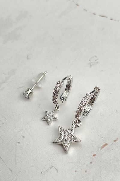 Modex Silver Color Star Figured Triple Earrings Set