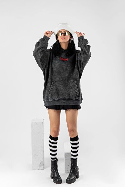 Bak Moda Unisex κουκούλα πλυμένης πλάτης με στάμπα μαύρου μεγάλου μεγέθους