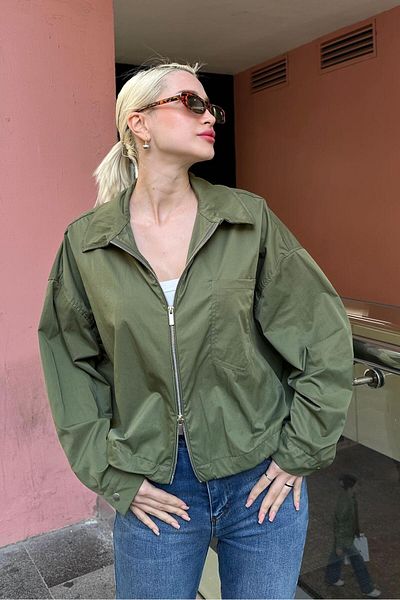 Madmext Khaki Zippered Women's Oversize Jacket with Pocket Detail Mg2188