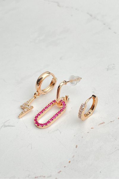 Modex Gold Color Lightning Figured Stoned Triple Earrings Set