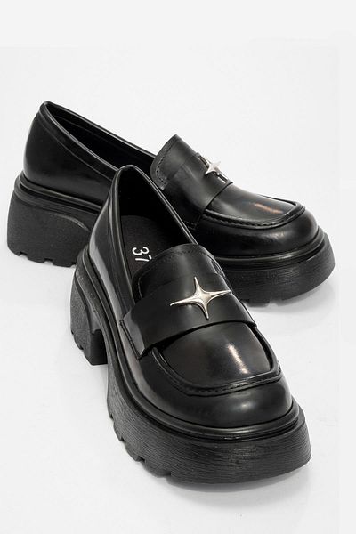 Ccway Pantofi de damă din piele lăcuită neagră cu model de stele