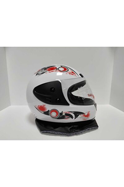 Leos -FULL FACE KASK-BEYAZ KIRMIZI DESENLİ-DERİ BOYUNLUKLU-