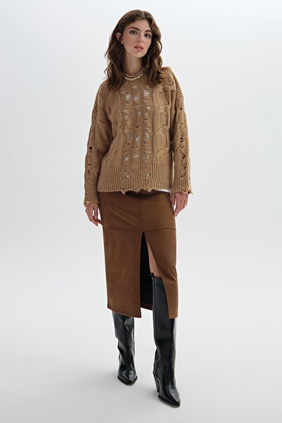 SHERIN Πλεκτό πουλόβερ ανοιχτό καφέ διάτρητο