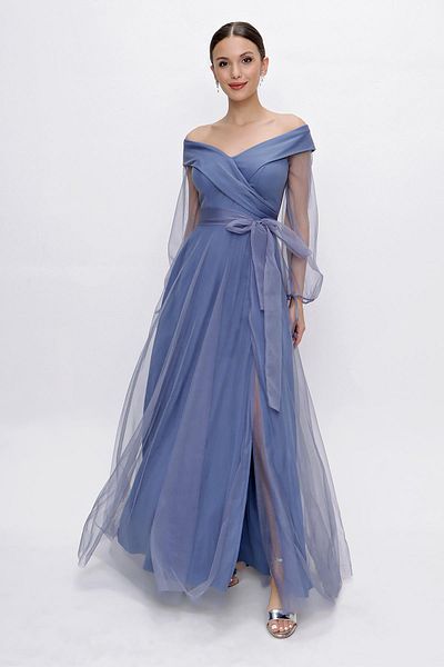 By Saygı Lace-Up Balloon Sleeve Tulle Long Evening Dress