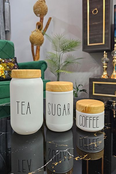 Gülümseten Avm Set of 3 Bamboo Patterned Glass Jars with Lid | Coffee Tea Sugar Wooden Patterned Glass Storage Container with Lid