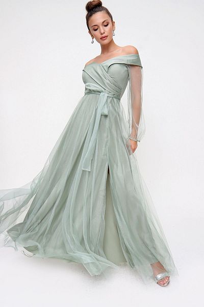 By Saygı Lace-Up Balloon Sleeve Tulle Long Evening Dress