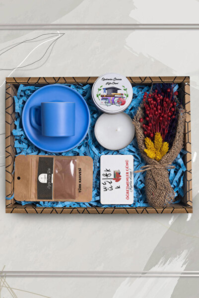 TrendHediye Öğretmene Dolu Hediye Seti & Kahve Fincanı, Mum, Çiçek, Türk Kahv...