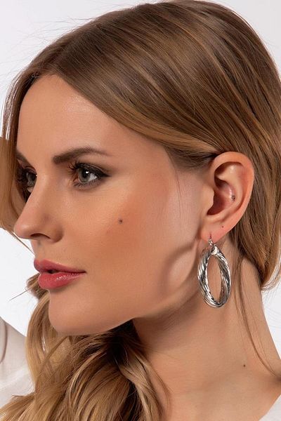 Modex Silver Color Twist Detailed Hoop Earrings (4cm)
