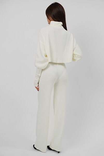 4S1B FASHION Throated garbós, kézzel zárható Crop pulóver és magas derekú nadrág alsó felső ekrü kötöttáru szett 015