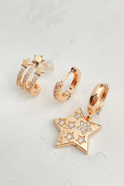 Modex Gold Color Star Figured Triple Earrings Set