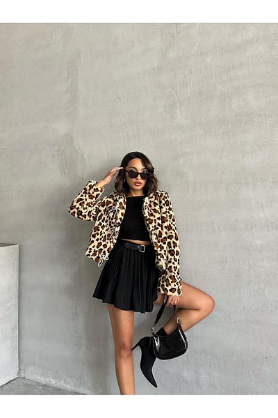 TOPSHOW Leopard Print Long Sleeve Fur