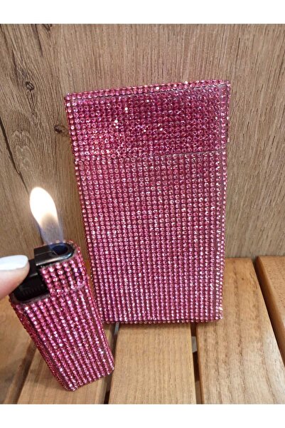 NESGIFT Pembe Taşlı Slim (İnce) Uzun Metal Sigara Kutusu ve Çakmak (DOLABİLEN)
