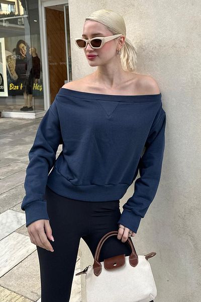Madmext Hanorac de damă albastru bleumarin cu gât barca MG2239