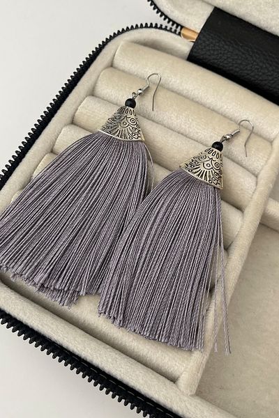 Modex Gray Embroidered Tassel Earrings