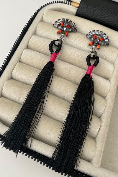 Modex Black Tassel Earrings - Shuttle Stone Detailed