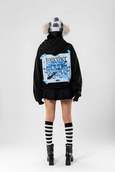Bak Moda Together Printed Oversize Unisex Black Hoodie