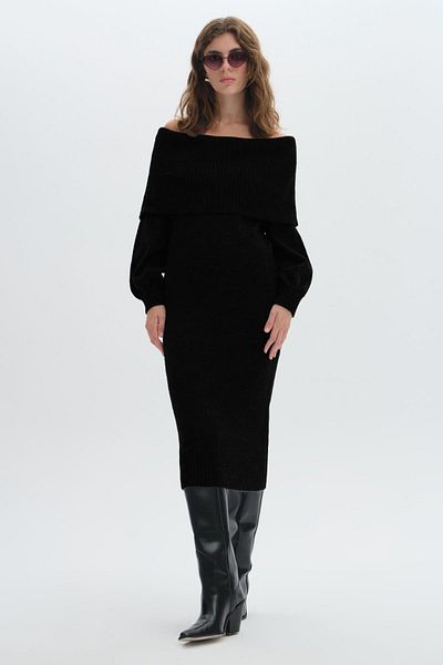 SHERIN Black Shawl Collar Long Knitwear Dress