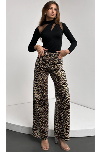 Genel Markalar Yüksek Bel Leopar Desenli İspanyol Paça Pantolon
