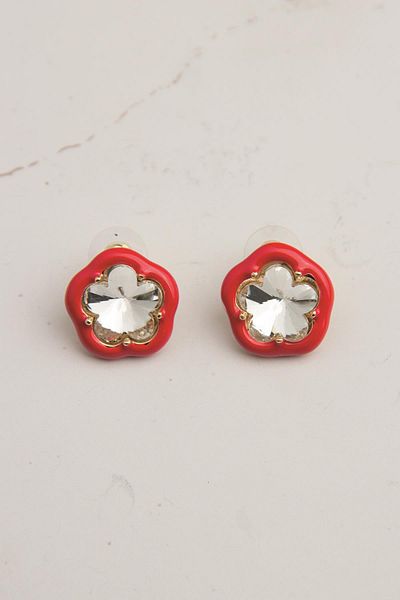 Modex Red Enamel Flower Earrings with White Stones (2cm)