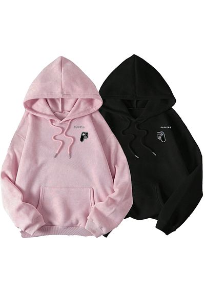 Mythologie Dear Player - Pink Black Printed Oversize Hooded Sweatshirt