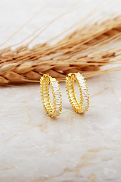 Sümer Telkari 17 Mm Baget Taşlı Orta Boy Altın Kaplama Gümüş Halka Küpe 7122