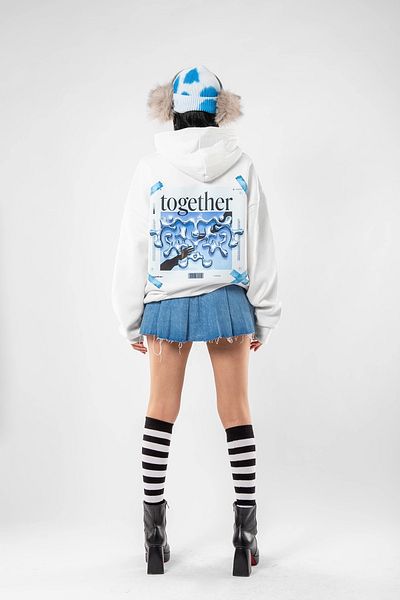 Bak Moda Together Printed Oversize Unisex White Hoodie