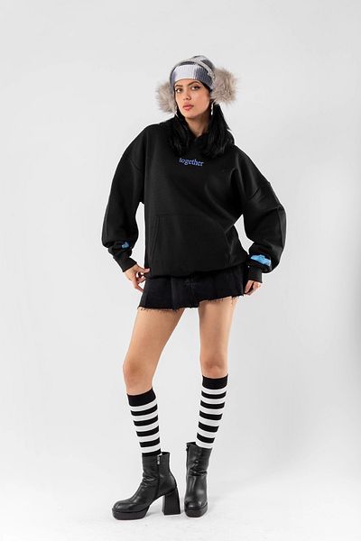 Bak Moda Together Printed Oversize Unisex Black Hoodie