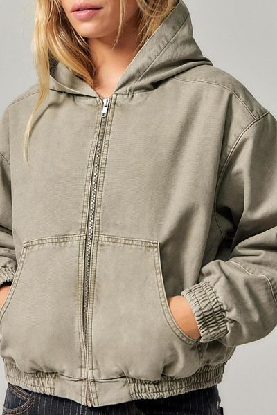 september island Khaki Color Canvas Logo Embroidered Hooded Coat on the Back