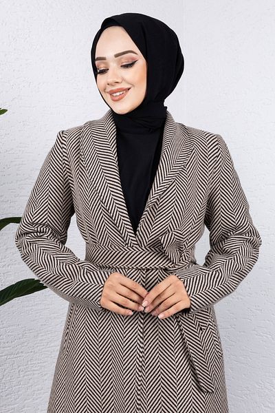 Tesettür Dünyası معطف بياقة مزدوجة الصدر من فرو المنك - جيب TSD 240938