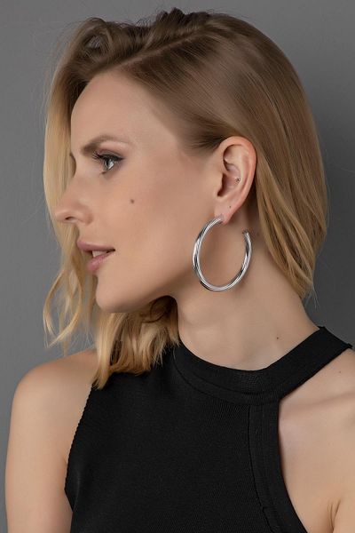 Modex Silver Color Curved Twist Detail Hoop Earrings (5cm)