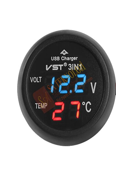 woodhub Araç Voltmetre termometre usb 3 in1(Mavi Kırmızı)