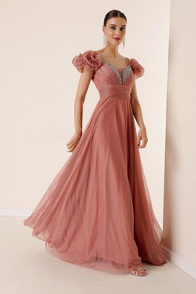 By Saygı V-Neck Jewel Detailed Long Tulle Dress - Rope Strap, Short Sleeve
