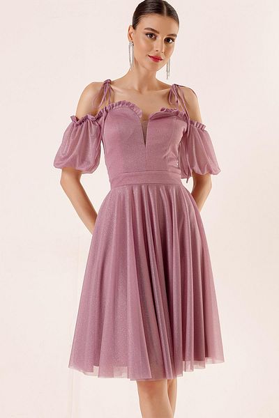 By Saygı Pleated Balloon Sleeves Lined Glitter Tulle Dress