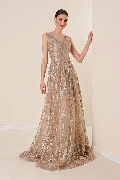 By Saygı Thick Straps Lined Silvery Flock Printed Long Dress