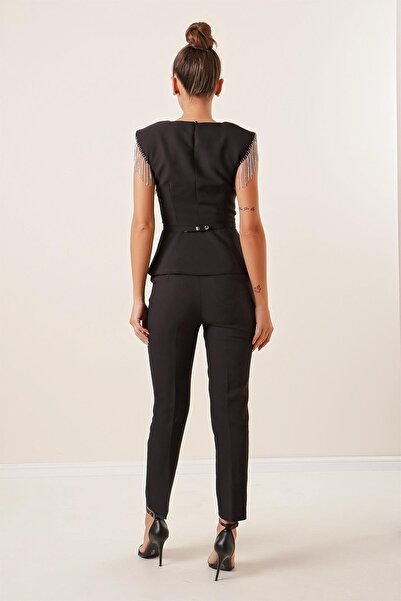 By Saygı Shoulders Stone and Chain Detailed Waist Belted Blouse Pants Set of 2