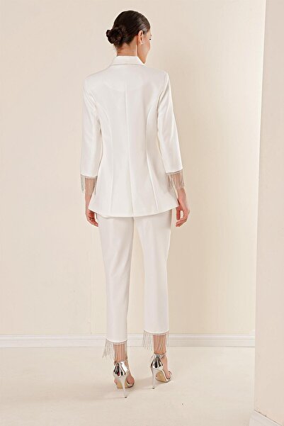 By Saygı Podšitá bunda s detailem kamenného řetízku na límci a koncích rukávů a kalhoty s kapsami 2dílná sada