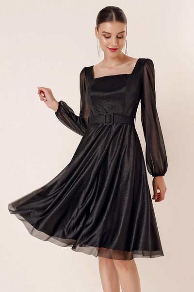 By Saygı Glitzerkleid mit quadratischem Kragen, Gürtel, Ballonärmeln und Futter
