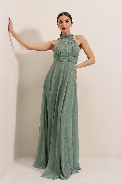By Saygı Halter Lining Lined Glitter Long Dress