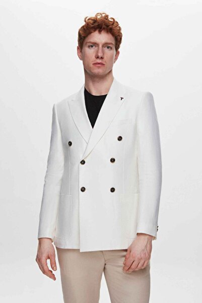 Tween Slim Fit Ekru Keten-Pamuk Kruvaze Kumaş Ceket