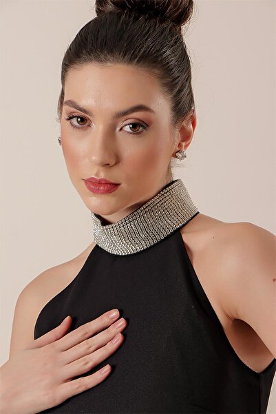 By Saygı Stone Detailed Long Dress with Slit on the Front