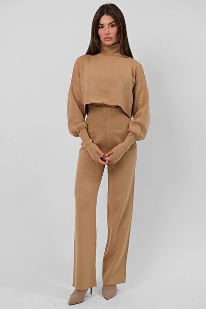 4S1B FASHION Set de pulover și pantaloni crop cu gât înalt și cu mâneci lungi...