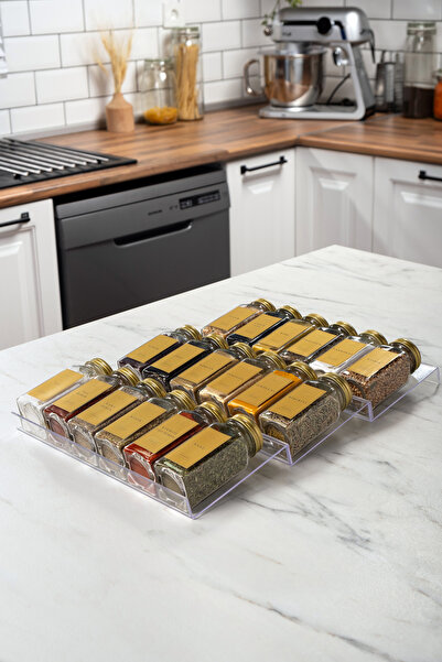 Mienda Home 18'li Şeffaf Pleksi Standlı Cam Baharatlık Seti Gold Kapaklı Etik...