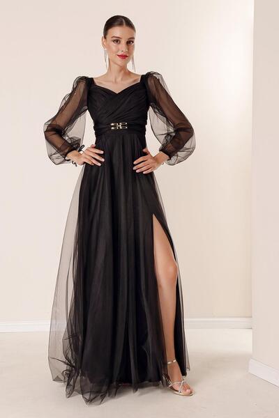 By Saygı Elöl Hátsó V nyakú derék kövekkel drapírozott bélelt hosszú tüll ruha